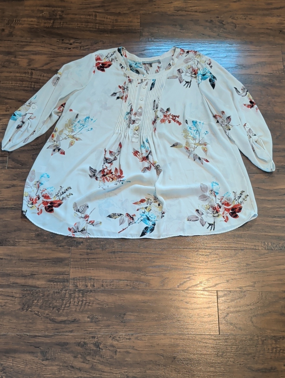 Daniel Rainn White Floral Pintuck Blouse with Multicolor Blooms